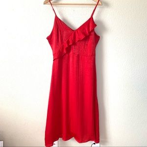 Le lis Red dress. Red Satin Flounce Trim V-Neck A-Line Midi Chic Dress